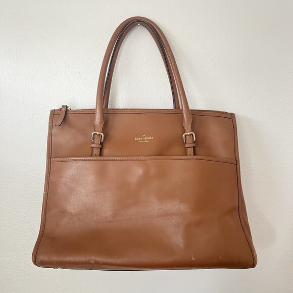 Kate Spade Camel Tan Brown Leather Large Tote Shoulder Bag Purse New York